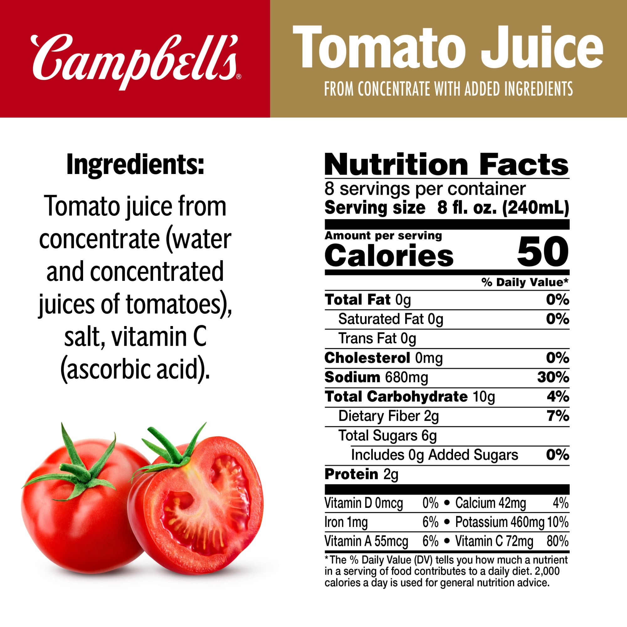 (6 pack) Campbell’s 100% Tomato Juice, 64 fl oz Bottle