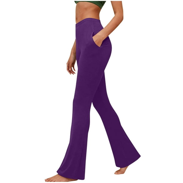 Amzcrzy Leggings Acampanados Mujer S-2XL - Yoga, Cintura Alta Sin Costura Delantera, Muy Elásticos Cómodos, Color Liso, Bolsillos Morado