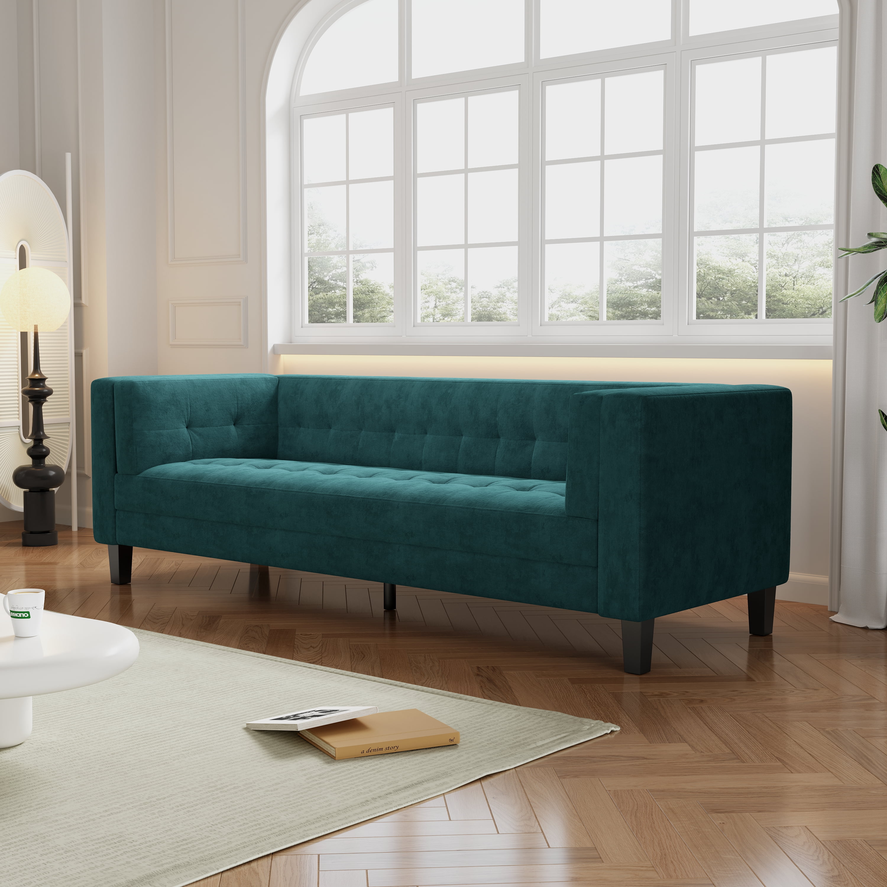Miniyam Classic Sofa Solid Print Velvet Tufted Coach for Indoor, Green