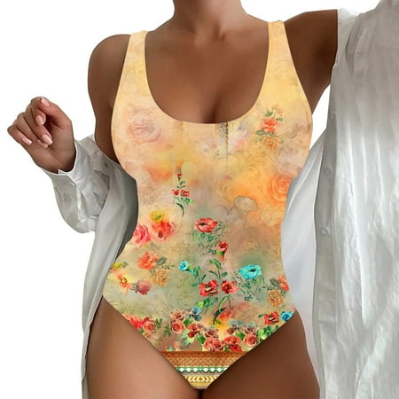Clearance! Yajing Women s One-Piece Swimsuits Spring/Summer Floral Print Cut Waist Bikini Set with Chest Topper Xl Yellow