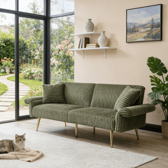 Gewnee Modern Corduroy Futon Sofa - Adjustable Backrest Convertible Sleeper, Soft Couch for Living Room & Small Apartment