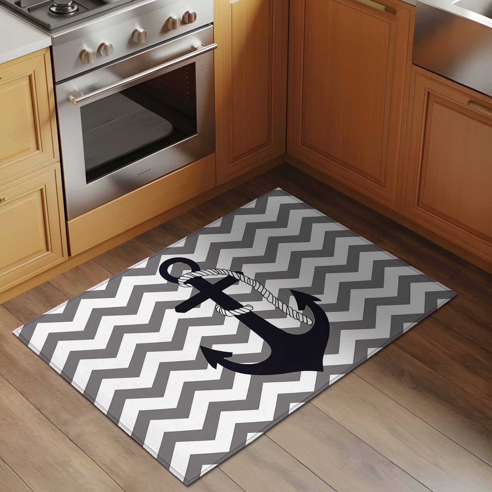 Black Nautical Anchor 2x3 Door Mat Rug, Gray Stripe Modern Wavy Lines Non-Skid Rubber Backing Large Rectangle Rugs - Living Room Bedroom Home Office, Indoor Floor Mat Carpets Washable Rug