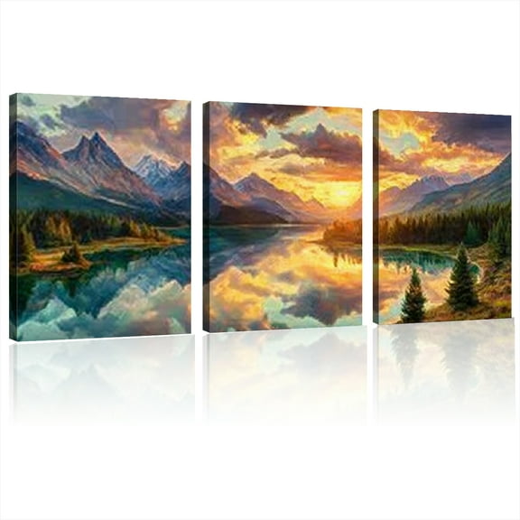 Modern Abstract Twilight Forest Canvas Painting Serene Mountain Lake Landscape Wall Art for Living Room, Bedroom, or Corridor Decor, Canvas Poster | Landscape Art | Vibrant Colors 12*16inch*3pcs
