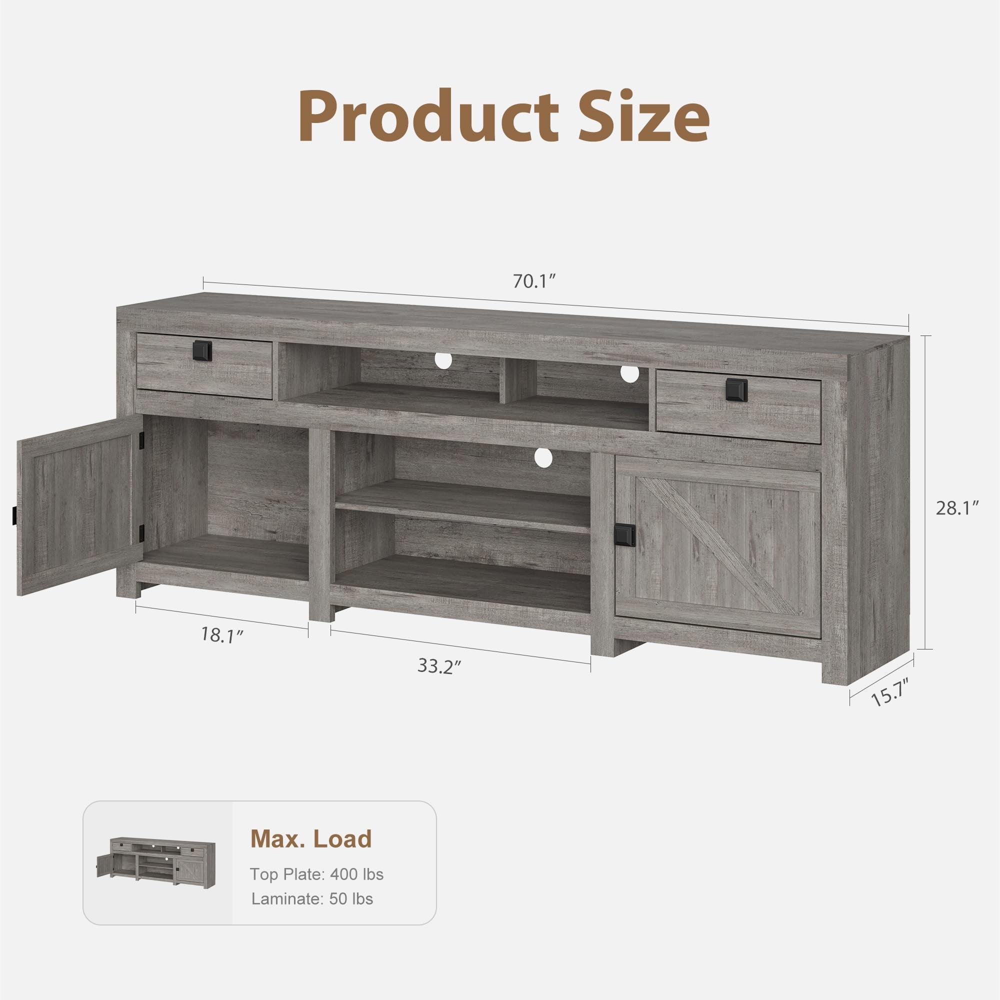 Farmhouse TV Stand for 75/80 Inch TVs, 70" Long Entertainment Center with 4 Storage Drawers & 3 Open Shelf, Grey Television Consoles Stands for Living Room, Bedroom