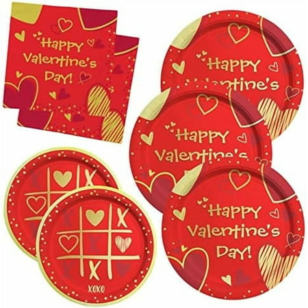 Valentine's Day Party Supplies Red Heart Love Disposable Paper Plates Napkins for Valentine's Day, Engagements, Anniversary, Birthday Party Serve 50