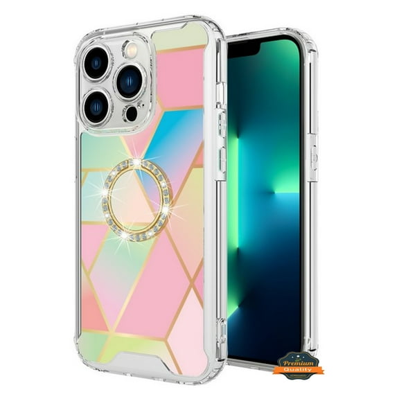 For Apple iPhone 16 Pro (6.3") Fashion Design Pattern Hybrid Ring Kickstand Bling Diamond Hard PC TPU Protective Phone Case Cover by Xpression - Multi-color Rhombic