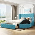 thumbnail image 6 of [Luckynote]Upholstered Platform Bed Queen Size Storage Velvet Bed with Wingback Headboard and 1 Big Drawer,2 Side Storage Stool(Blue), 6 of 10