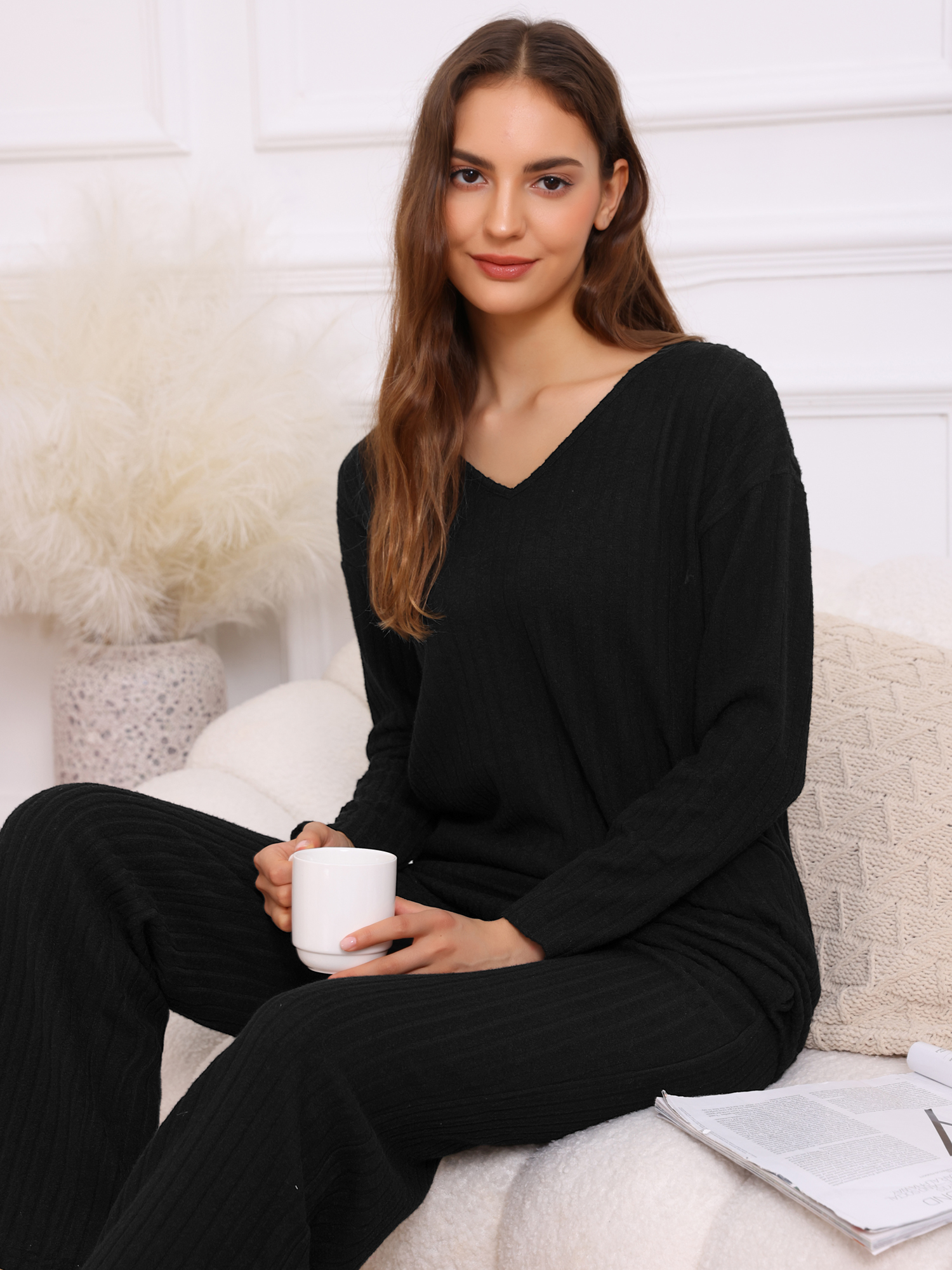 DARING DIVA Women's Ribbed Knit V Neck Long Sleeve Wide Leg Pants Lounge Set XL Black