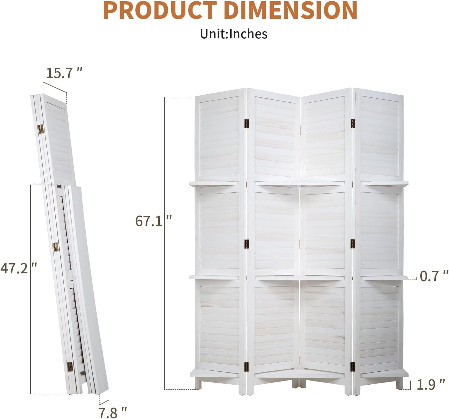 4 Panels Room Divider with Shelves - Folding Privacy Screen & Room Partition Separation for Home Office, Study, Art Display | Wooden Separator Wall for Adults & Families (White)