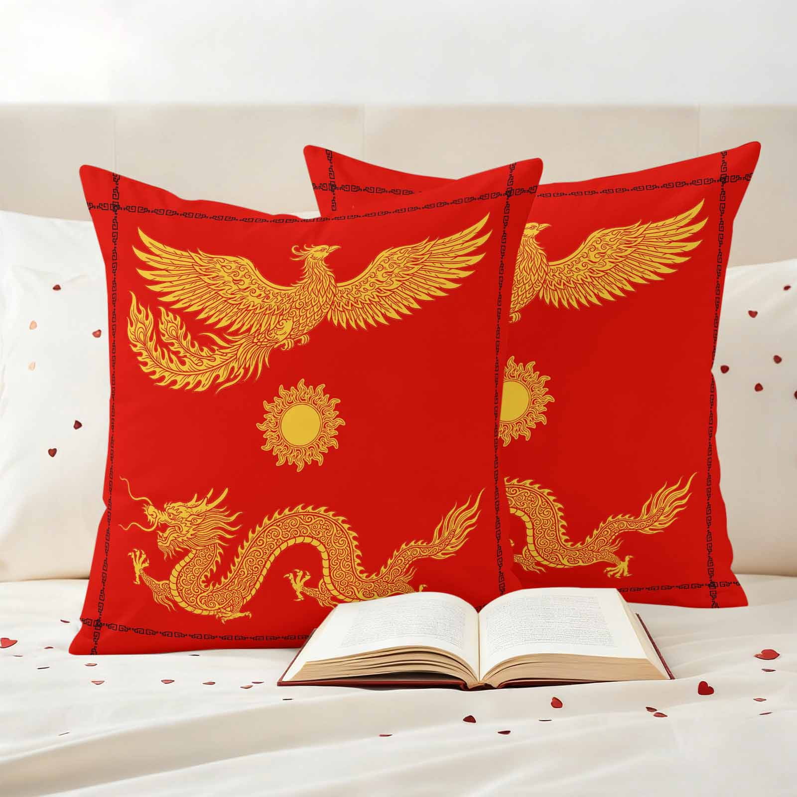 Chinese New Year Outdoor Waterproof Pillow Covers, Yellow Dragon Traditional Art Red Decorative Square Throw Pillowcase Sofa Cushion Sham for Patio/Couch/Chair, 18"x18" 2 Pack