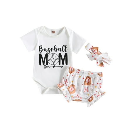 

Karuedoo Newborn Baby Girl Summer Clothes Baseball Printed Short Sleeve Romper Shorts Headband Outfits