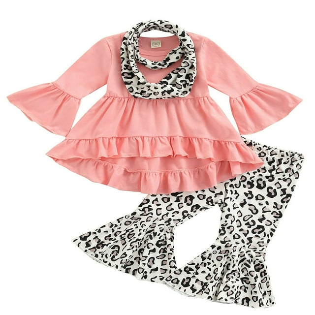POINTERTECK Toddler Baby Girls 3PCs Outfits Long Pullover Ruffle Dress Shirt Leopard Flared Pants Fall Winter Clothes