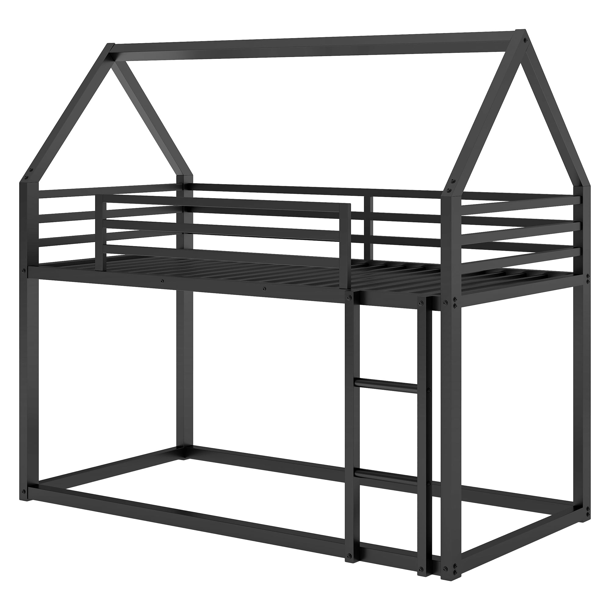 Euroco Twin Over Twin House Bunk Bed with Built-in Ladder for Kids Teens, Black