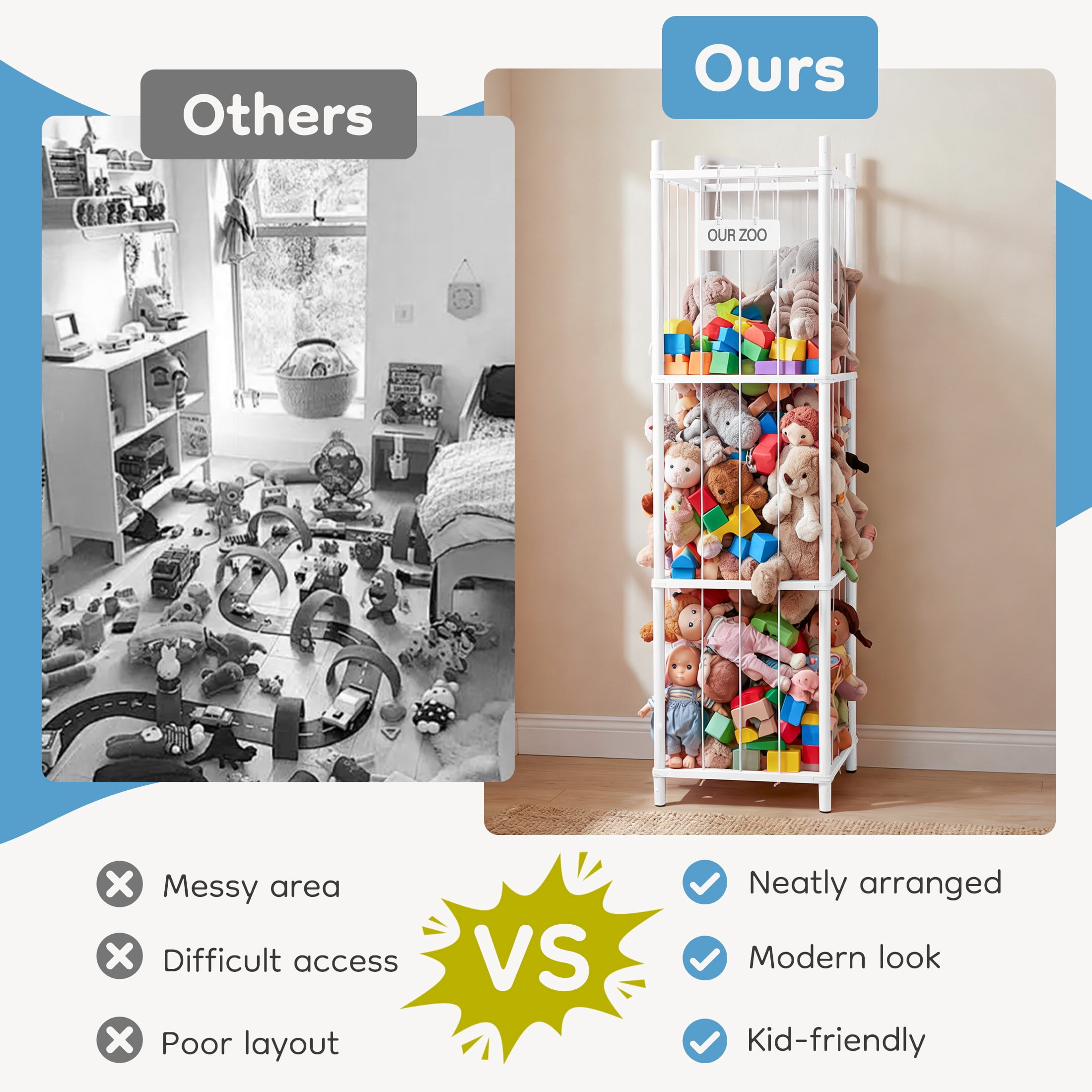 EDX Large Stuffed Animal Storage Organizer for Kids, Wooden Toy Storage Holder, Space Saving Toy Zoo for Playroom, Bedroom, Nursery & Kids Room, White