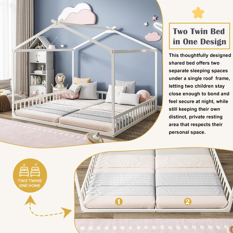 Double Twin Size House-Shaped Canopy Floor Bed with Safety Guardrails, Kids Wooden Low Profile Bed Frame with Open Roof Design