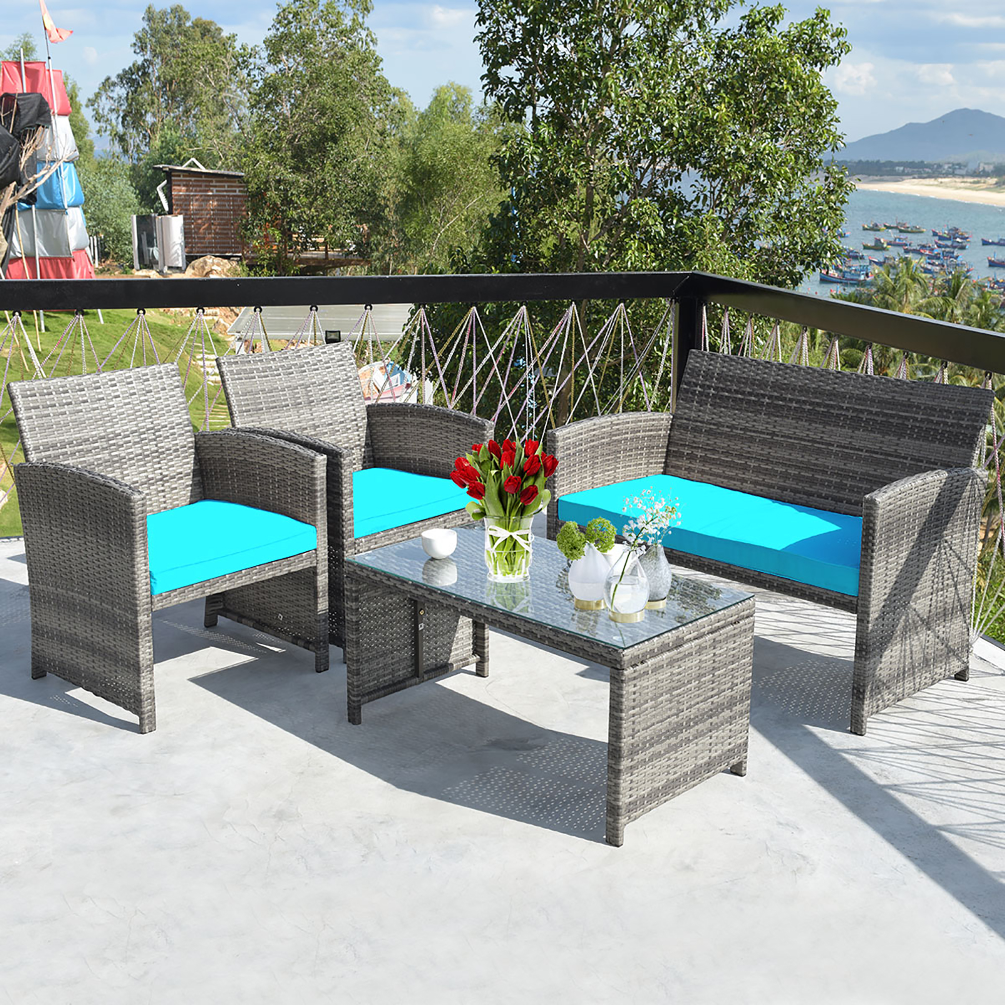 Costway 4PCS Patio Rattan Furniture Set Conversation Glass Table Top Cushioned Sofa