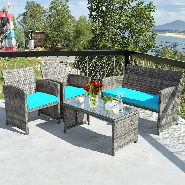Costway Juego de Muebles de Patio de Mimbre PE Tejido a Mano de 4 Piezas con Cojines para Exterior Verde