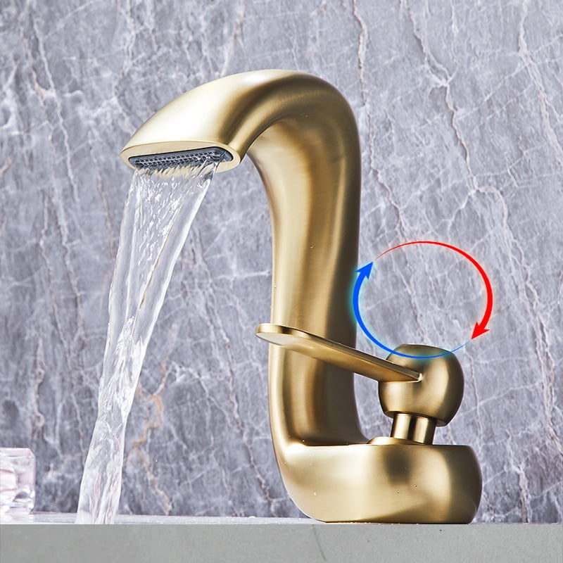 SOKNARKU Bathroom Sink Basin Waterfall Faucet Brass Deck Mount Single Hole Single Handle Cold And Hot Mixed Modern Creative Design Tap Including Two US Standard 3/8 Hoses Brushed Gold