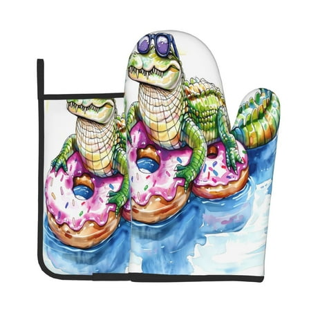 

Zeuib Alligator Donut Pool Float Print Oven Mitt & Pot Holder Set 2-Pack Kitchen Gloves and Hot Pads for Cooking BBQ Grilling Baking