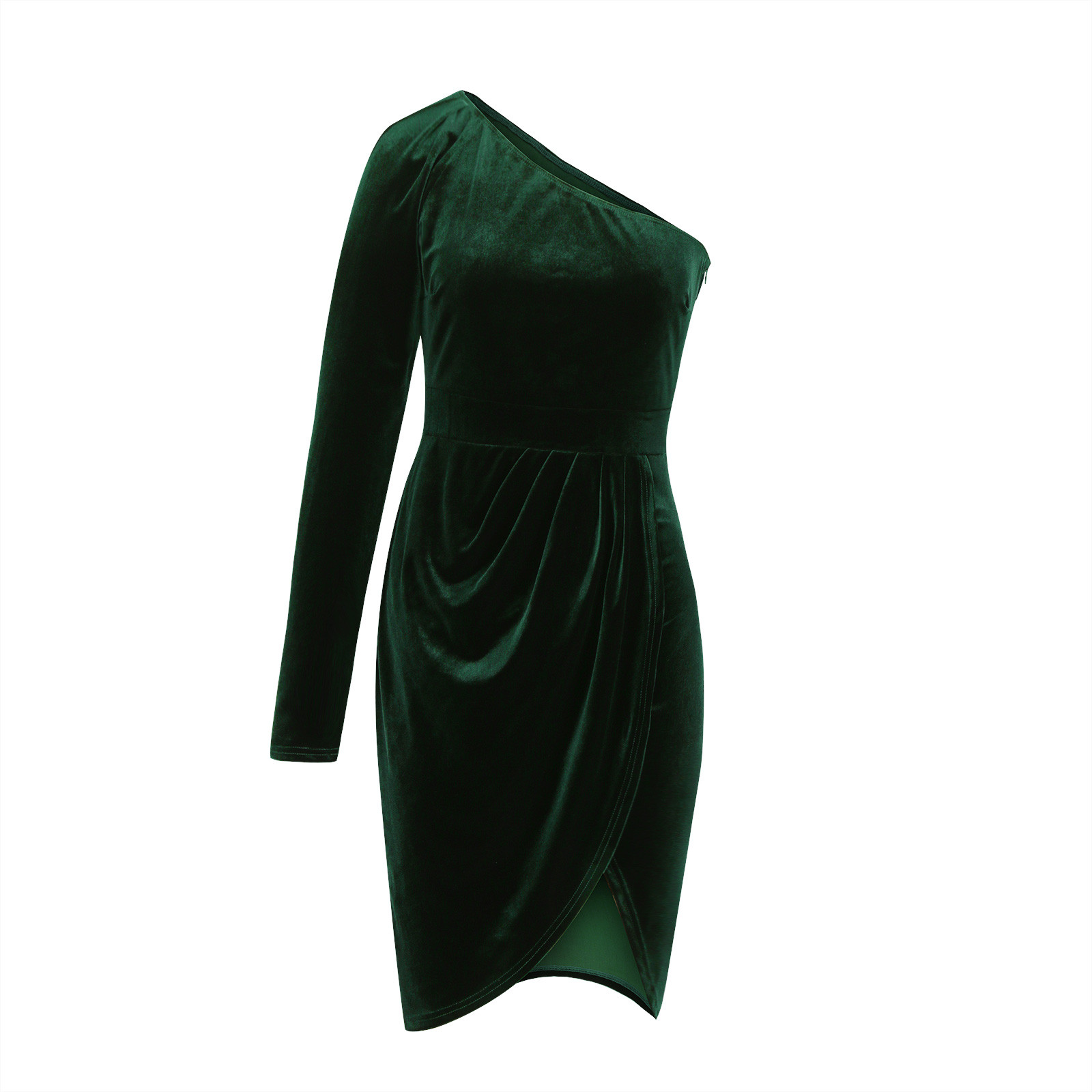 OSFVNOXV One Shoulder Green Velvet Dress for Women Long Sleeve Cocktail Sheath Dress Front Split Wrap Sheath Dress