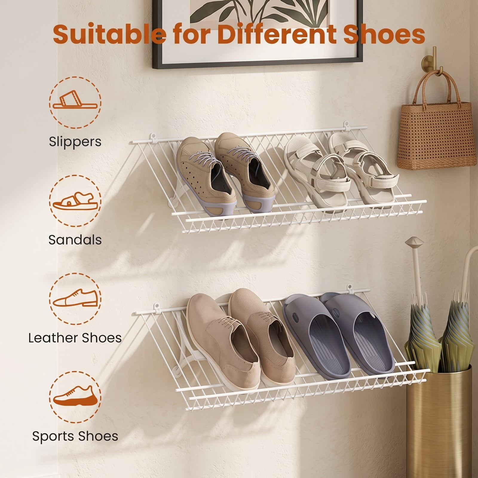 Furnibear Set of 2 Wall Mounted Metal Wire Closet Shelves and Shoe Racks for Entryway and Small Closet Organization, White