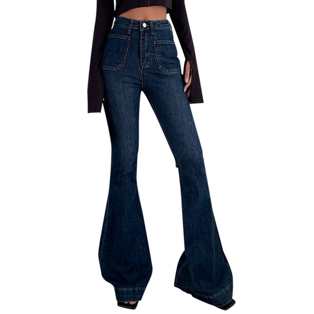 Gibobby Jeans mujer cintura alta Pantalones vaqueros acampanados clásicos de talle para mujer(Azul oscuro,X-CH)