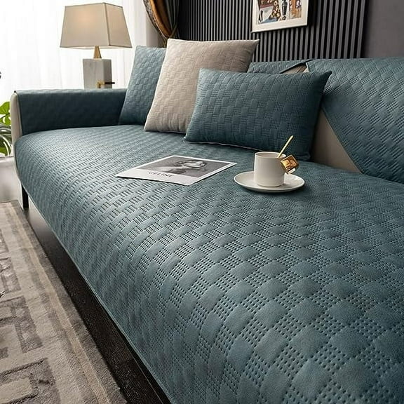 Nvzi Luxury Water Resistant Quilted Sofa Cover Faux Suede Plaid Sectional Couch Cover Anti-Slip Sofa Slipcover for Dogs, Children, Pets Furniture Protector (Dark Green,28"x28")