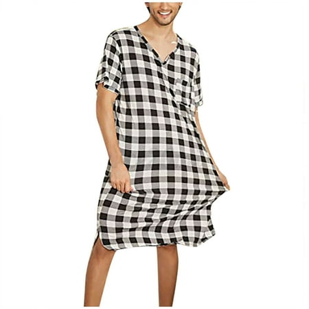 

Zerlibeaful Lingerie Bodysuit for Women Men s Summer Casual Loose Check Print V-Neck Short Sleeve Home One-Pi