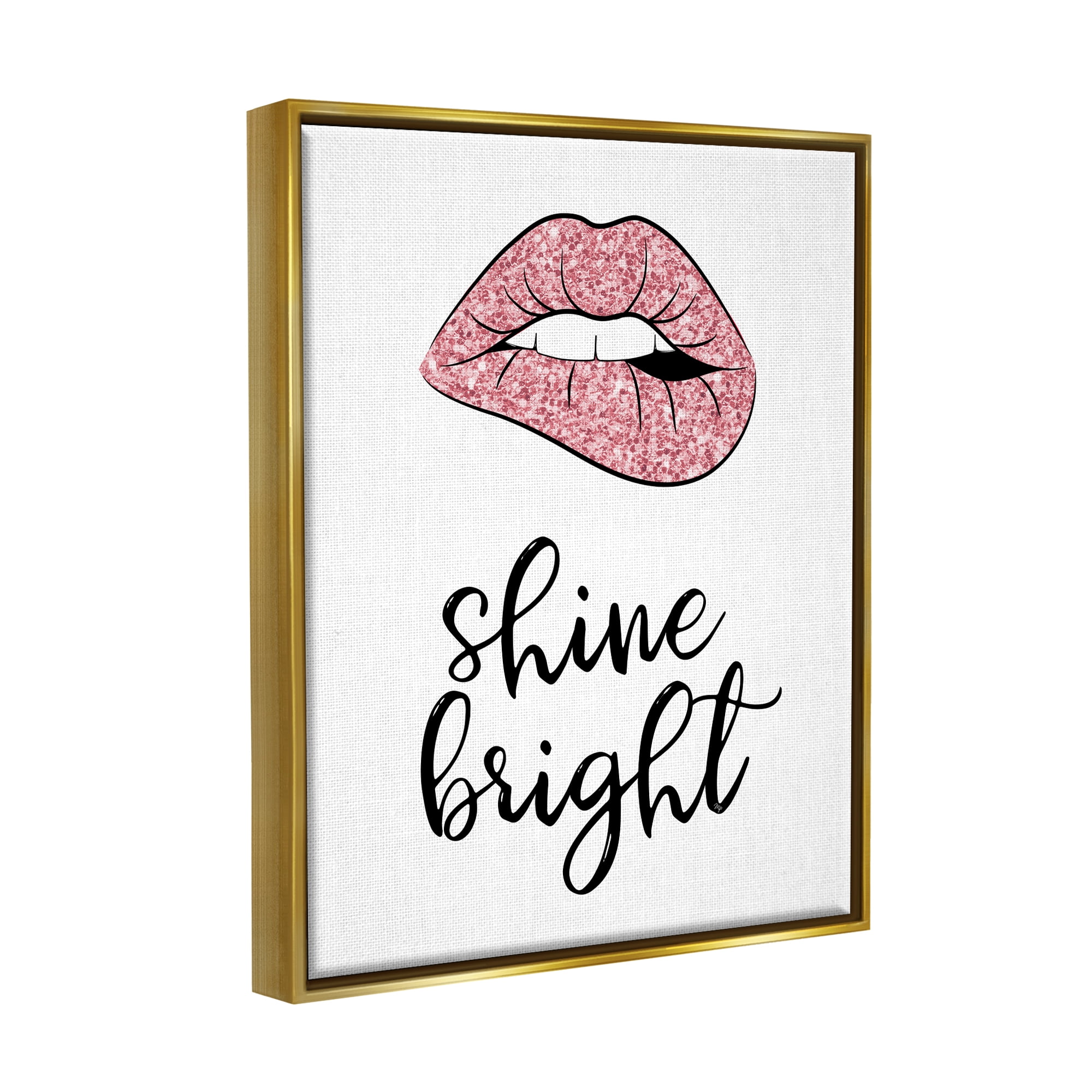 Stupell Industries Shine Bright Pink Glam Lips Beauty & Fashion Painting Gold Floater Framed Art Print Wall Art