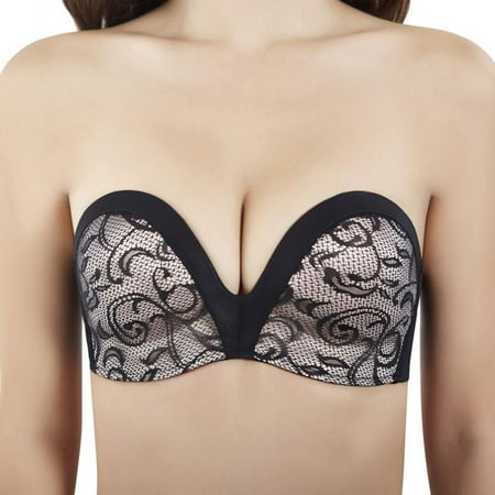 

1Pc Strapless Pushup Bras Back Buckle Lift Bra Women Lace Bra Wireless Non-Slip Invisible Underwear Bra Seamless Bralette Lingerie Lace Black 70B/32B