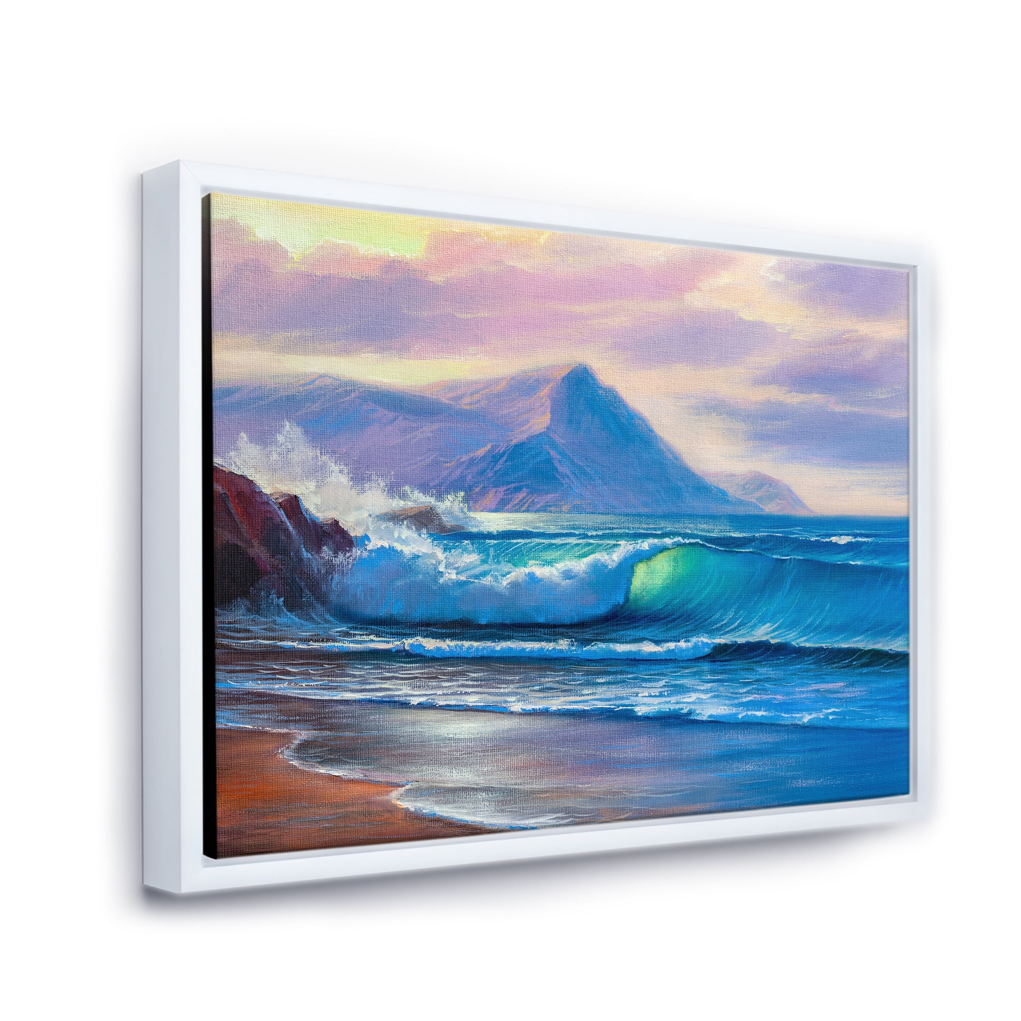 Designart 'Blue Waves Breaking At The Beach Landscape I' Nautical & Coastal Framed Canvas Wall Art Print