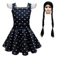 thumbnail image 1 of HAWEE Costume de Filles Addams Robe Noire à Manches Volantes Robe Décontractée Fête d'Halloween Mercredi Addamss Cosplay avec Perruque, Sac, 1 of 6