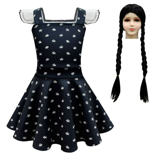 HAWEE Costume d'Addams pour Filles Robe Noire à Manches Volantées Robe Décontractée Fête d'Halloween Cosplay Wednesday Addams avec Perruque, Sac