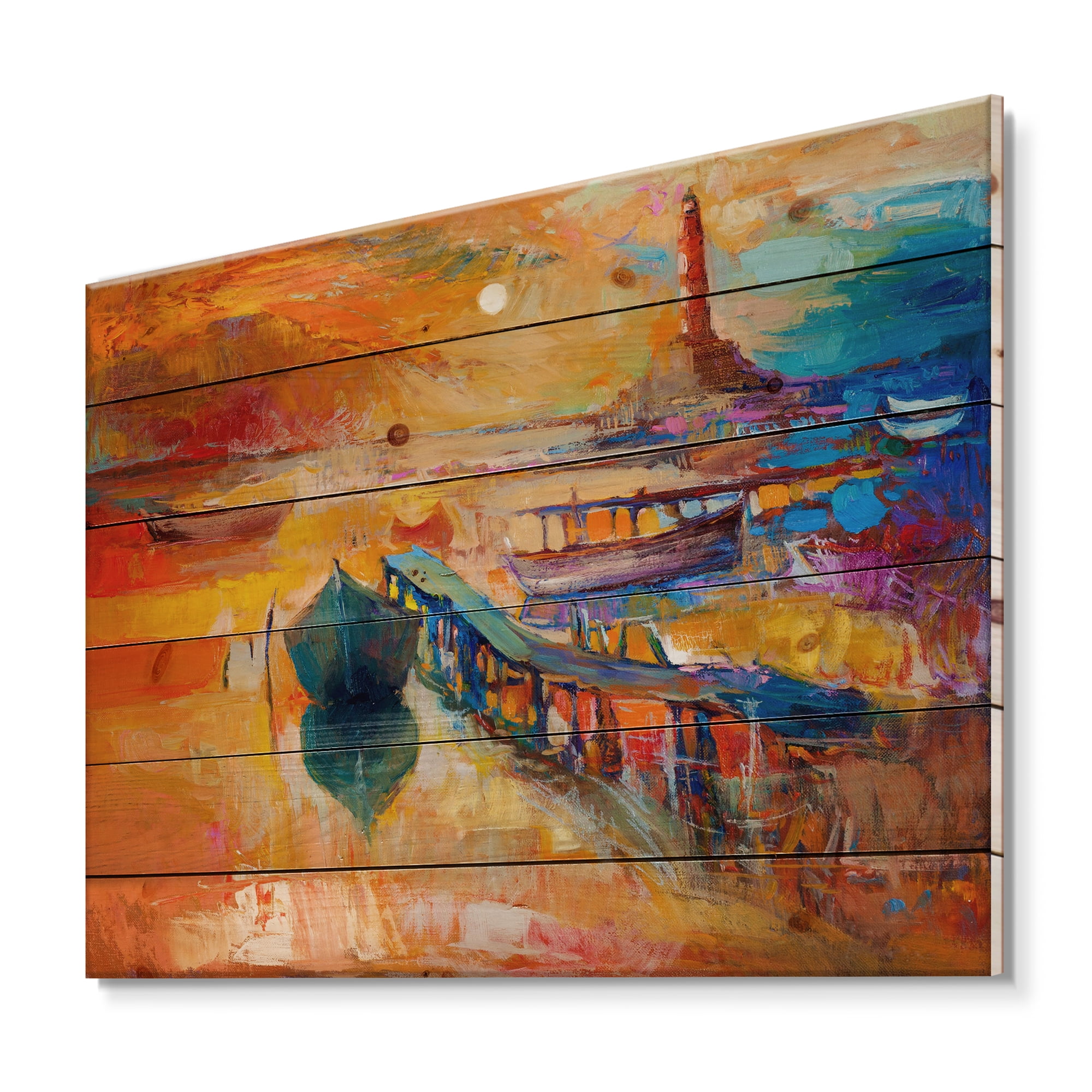 Designart 'Boats Near Coastal Town Resting On The Water III' Nautical & Coastal Print on Natural Pine Wood
