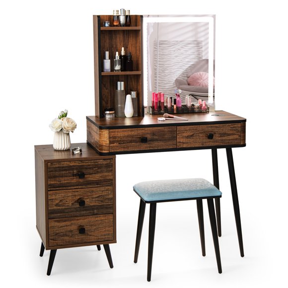 Costway Vanity Makeup Table Set 3-Color Dimmable Human Body Induction LED Light Brown