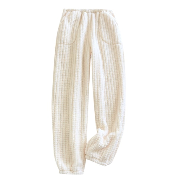 Pantalones de pijama de franela para mujer con cintura elástica - Pantalones gruesos de felpa para el invierno con diseño de cordones en las piernas para mayor calidez