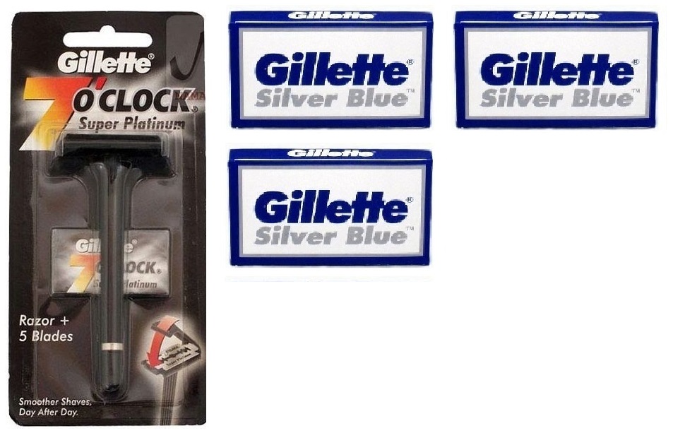 Gillette 7 O'Clock Super Platinum Safety Razor w/ 5 Blades + Silver