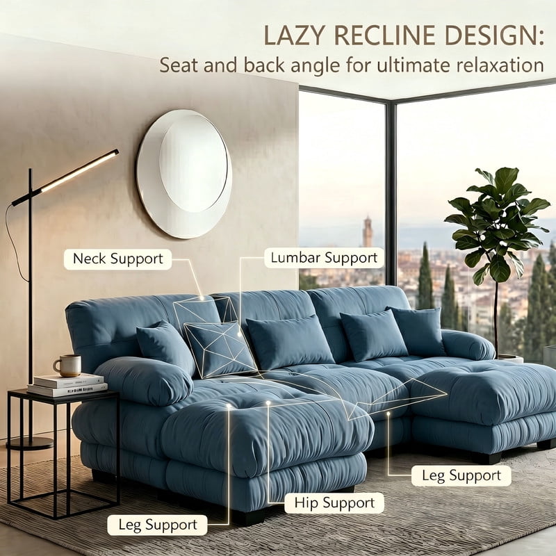 ANPPORT Cloud Couch Sleeper Sofa, Chenille Blue 3-Seater Modular Sofa with 2 Ottomans, 3 Lumbar pillows, 2 Pillows, Comfy Deep Seat Cloud Sofa, Convertible L-Shaped Floor Couch for Living Room