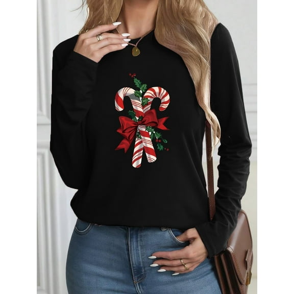 [Christmas Candy Cane T-Shirt] Christmas Women's Candy Cane Graphic T-Shirt | Long Sleeve Black Top with Red & White Stripes, Holiday Party Outfit, Casual Winter Wear