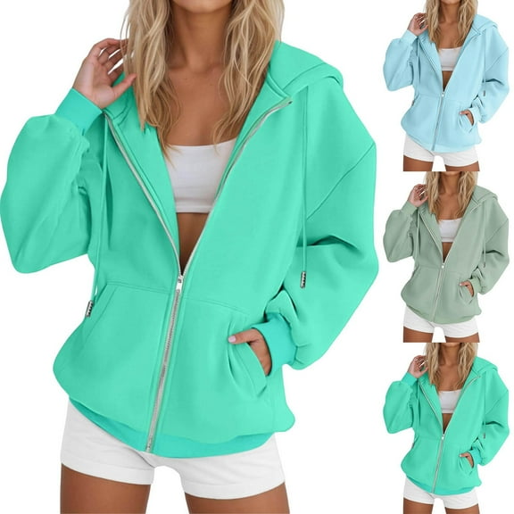 XINPING Women's Zip Up Hoodies Casual Hooded Jacket Workout Full Zip Sweatshirts Pocket Coats Long Sleeved Drawstring Oversized Solid Color Spring Fall Winter Coats