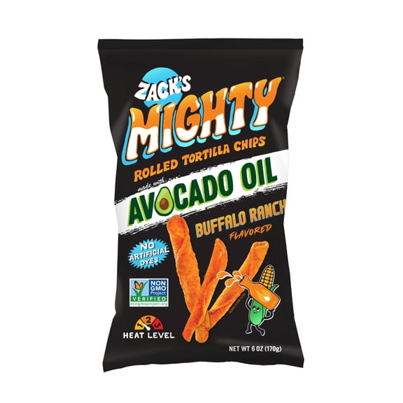 Zack's Mighty Avocado Oil Rolled Tortilla Chips - Buffalo Ranch, 6 oz. Film Bag, No Artificial Colors or Dye