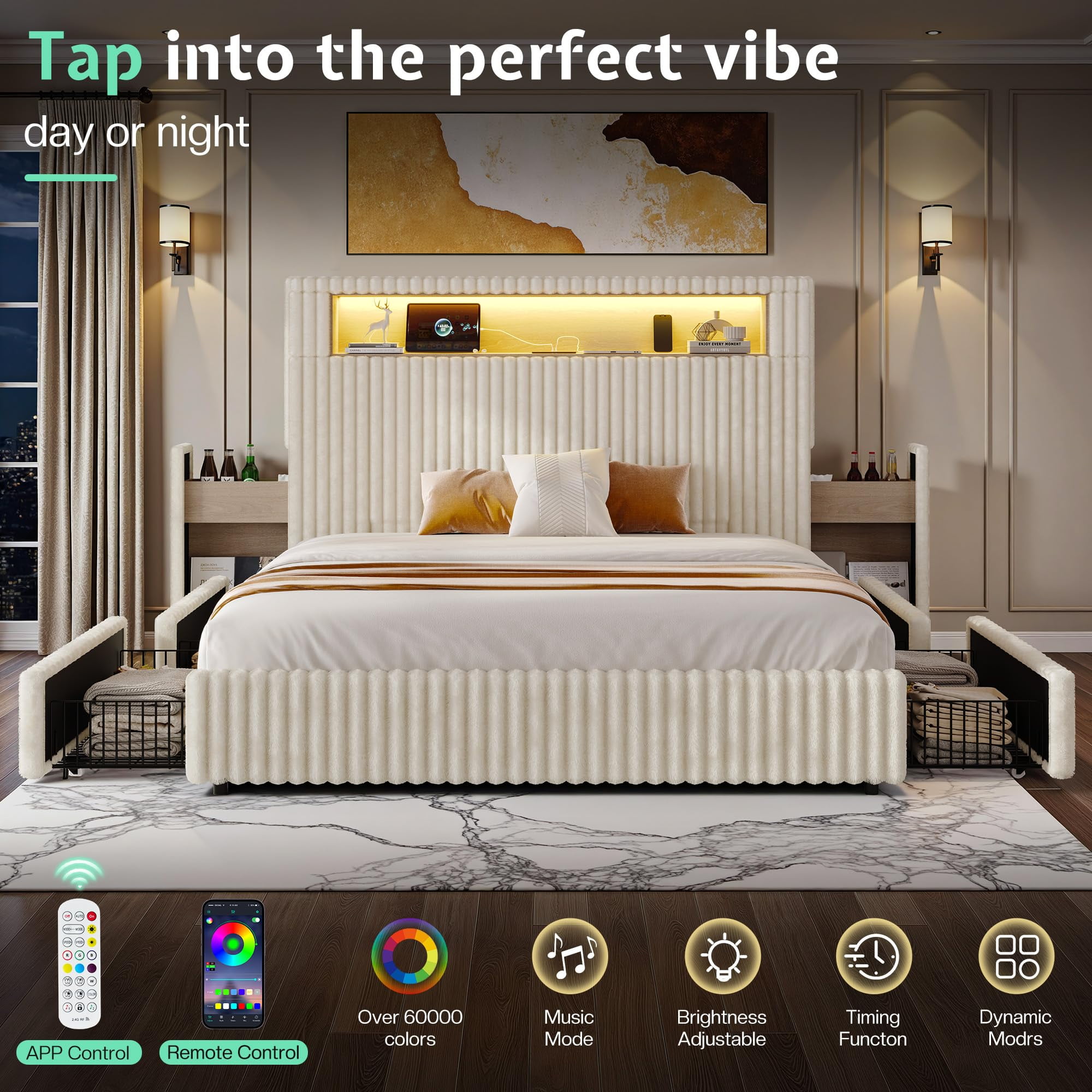 VanAcc Queen Size Storage Bed Frame with 51.2" Tall Upholstered Headboard, Built-in 6 Drawers & Bookcase, USB Ports & RGB LED Lights, Cream