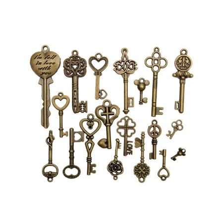 Heart Lock Key - 19Pcs Antique Vintage Old Look Skeleton Bronze Key Pendant Heart Bow Lock Steampunk GIFT