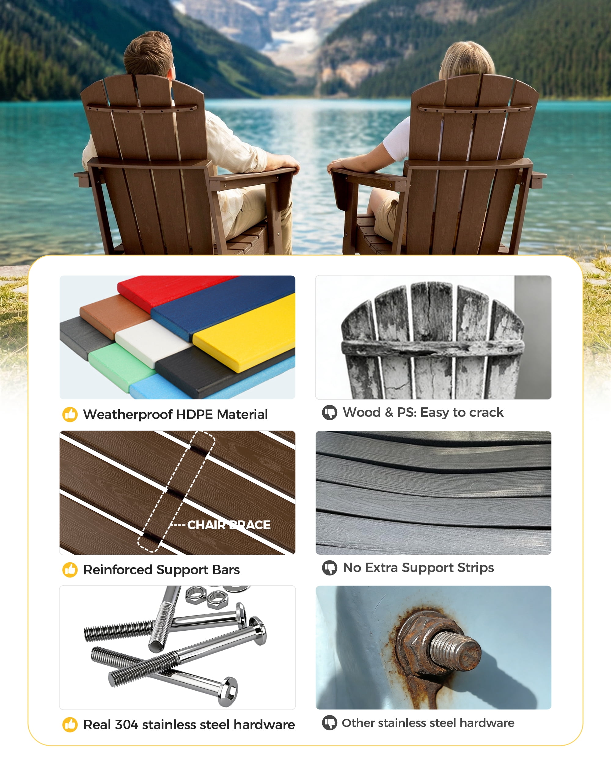 Cobiod Folding Adirondack Chair Set of 2, HDPE Patio Chair, All-Weather Space-Saving Foldable Fire Pit Seating for Camping, Backyard, Deck - Coffee