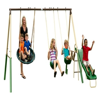 XDP Recreation Super Disc Swing™ Set with Steel Constructed Frame, Swings, and Slide