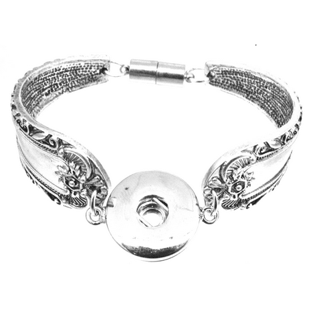 Antique Button Bracelet - Antique Silver Color Magnetic Clasp Spoon Flower Carved Bracelet Fits Snap Buttons
