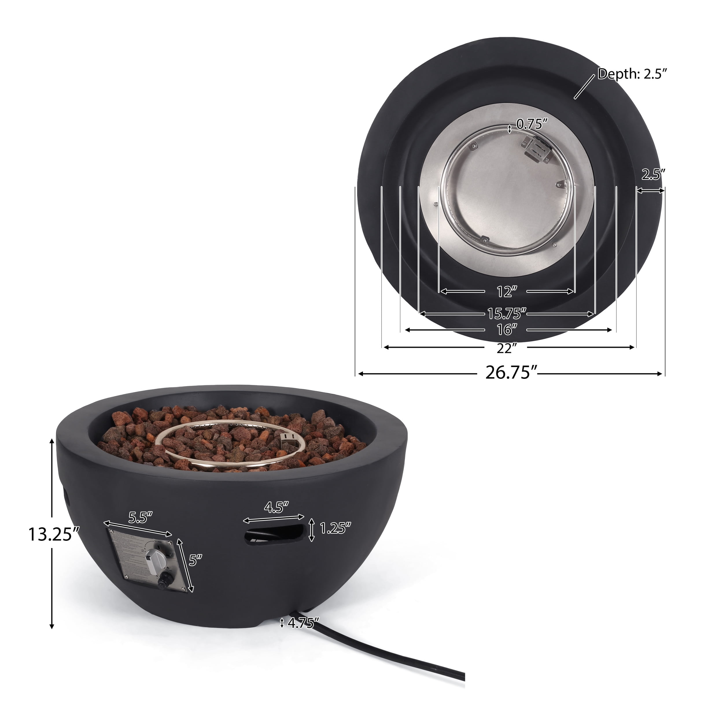 Tulip Lightweight Concrete Outdoor 40,000 BTU Fire Pit Bowl (No Tank Holder), Dark Gray