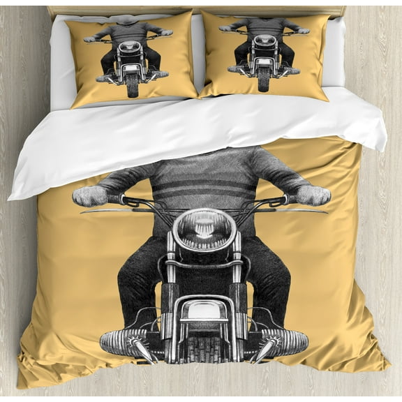 Lemur Duvet Cover Set, Tropical Monkey Riding a Scooter Striped Pullover Casque Graphic Print, Decorative 3 Piece Bedding Set with 2 Pillow Shams, King Size, Sand Brown Pale Taupe, by Ambesonne