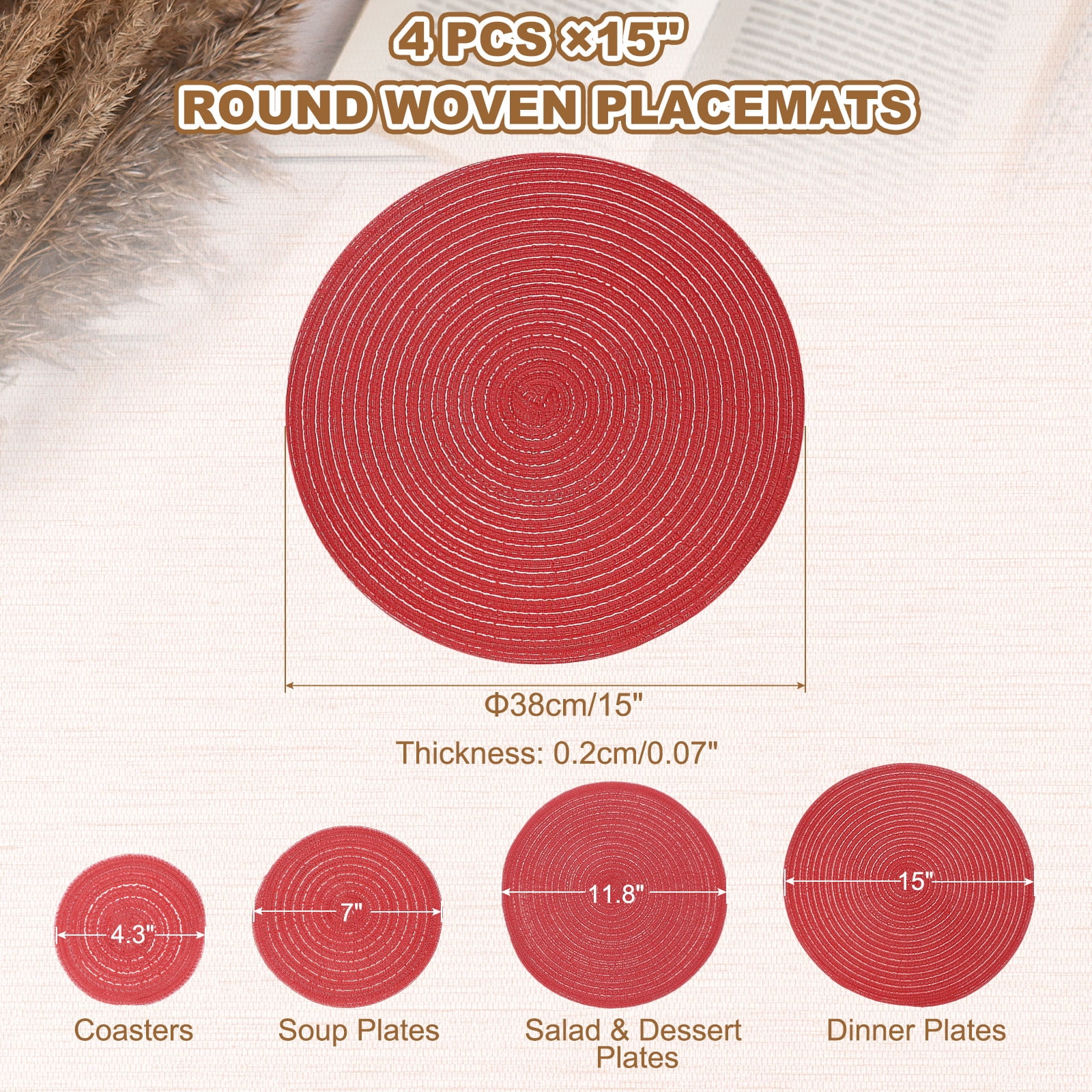 Unique Bargains 4Pcs Round Woven Braided Washable Heat Resistant Place Mat Red 15"