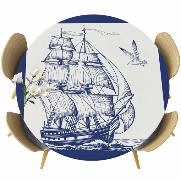 Nautical Sailboat Round Tablecloth 55-60 Inch Round Fitted Table Cloth with Elastic Edge, Navy Blue Ocean Seagull Waves Ship Waterproof Table Cover Protector for Outdoor Picnic Party Dining